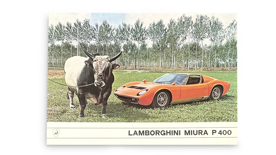 Брошюра модели Lamborghini P400 Miura, выпускавшейся с 1966 по 1969 год. Впрочем, на обложке доминирует не автомобиль, а бык — символ итальянской марки. Само же название Miura произошло от испанской фермы, где выращивали быков для корриды. Итоговая цена — $126