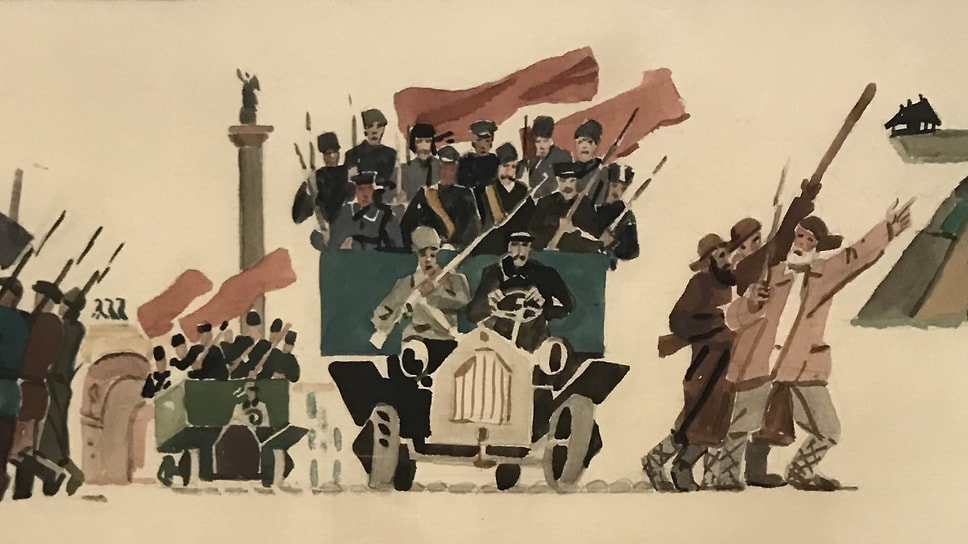 Работа, посвященная событиям 1917 года, не могла обойтись без грузовиков, на которых в те дни перемещались по Петрограду революционно настроенные массы. Марку грузовика не определить, но чем-то похож на Fiat