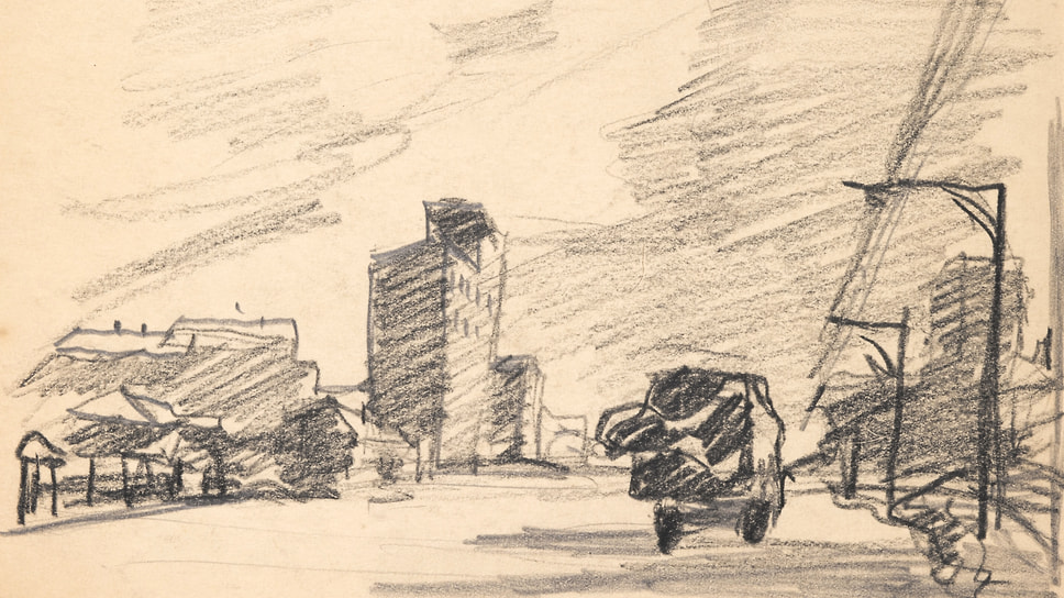 Рисунок под названием «Окраина Москвы», 1941 год. Очевидно, один из эскизов к будущей одноименной картине. Справа виден одиноко удаляющийся грузовик — частый персонаж военных картин. В мае 2025 года рисунок был продан на аукционе Q-Art Auction за 150 000 рублей