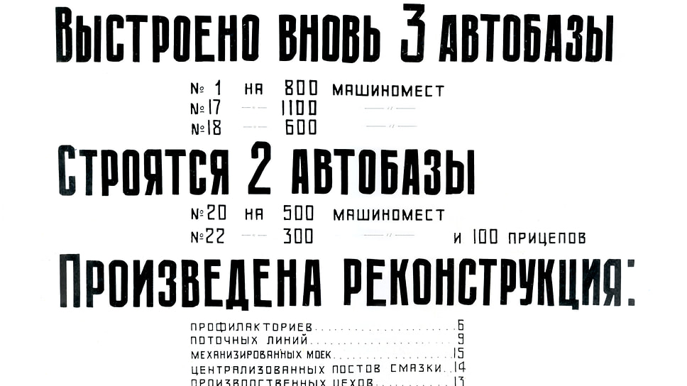 Управление торгового транспорта — не только автомобили, но и инфраструктура. Цифры по машиноместам даны только для вновь построенных и строящихся автобаз, но в 1955 году управлению передали уже работавшие базы. Всего к 1965 году в управление входило 18 автобаз