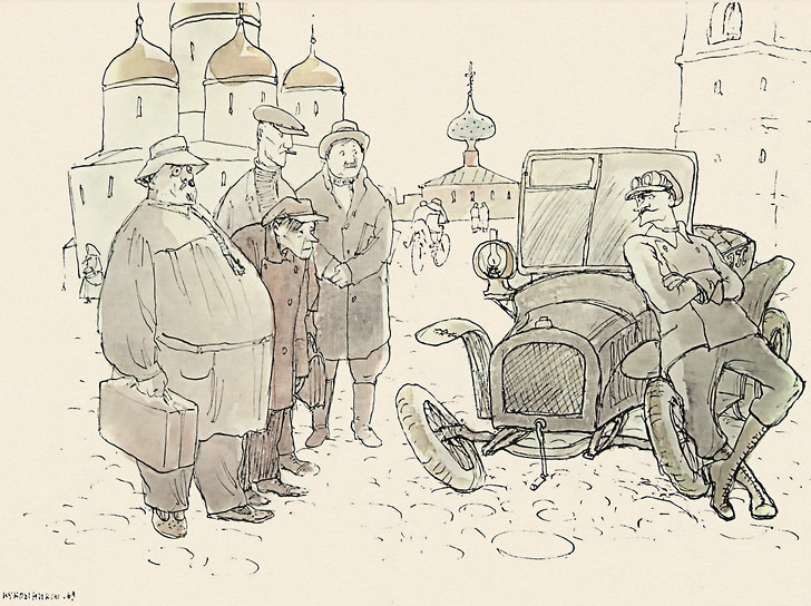 Сагассер занимался извозом на автомобиле Laurin &amp; Klement — именно он изображен на рекламной листовке. Кукрыниксы нарисовали «Антилопу» довольно близко к прототипу — даже радиатор получился похожей формы, а ведь тогда он был «лицом» автомобиля