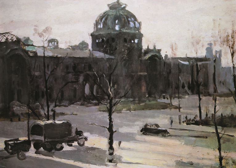 «Нюрнберг. Площадь перед вокзалом», Михаил Куприянов, 1945 год. В Нюрнберге Кукрыниксы присутствовали на знаменитом процессе, где создавали карикатуры на подсудимых прямо с натуры, но остались и другие рисунки. Трехосный грузовик похож на Studebaker US-6