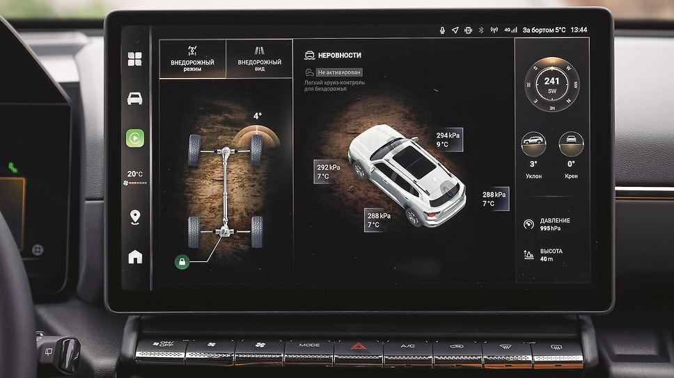 Внедорожная страница главного меню, скорее, развлекательная. На пересеченке полезнее вывести картинку с «прозрачным кузовом» от камер. Тему офф-роуда можно задать и для приборного экрана, и для проекции на стекло